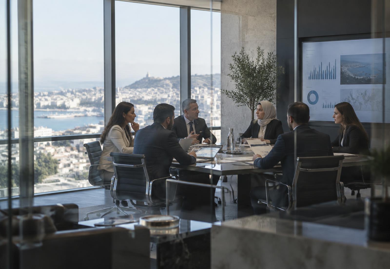 Réunion de direction VALIRIS dans une salle de conseil surplombant la baie d'Alger